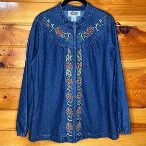 Country Store Floral Embroidery Denim Zippered Shacket Medium
